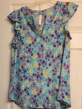 Dear Scarlett Aqua Blue "Lizzy" Floral Ruffle Sleeve V-Neck Top